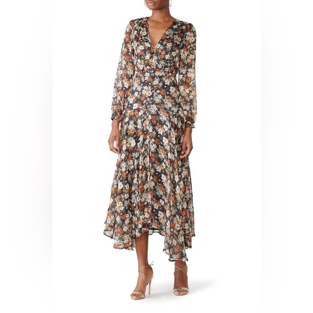 ASTR the Label‎ Floral V-Neck Handkerchief Hem Midi Dress Black Long Sleeve M